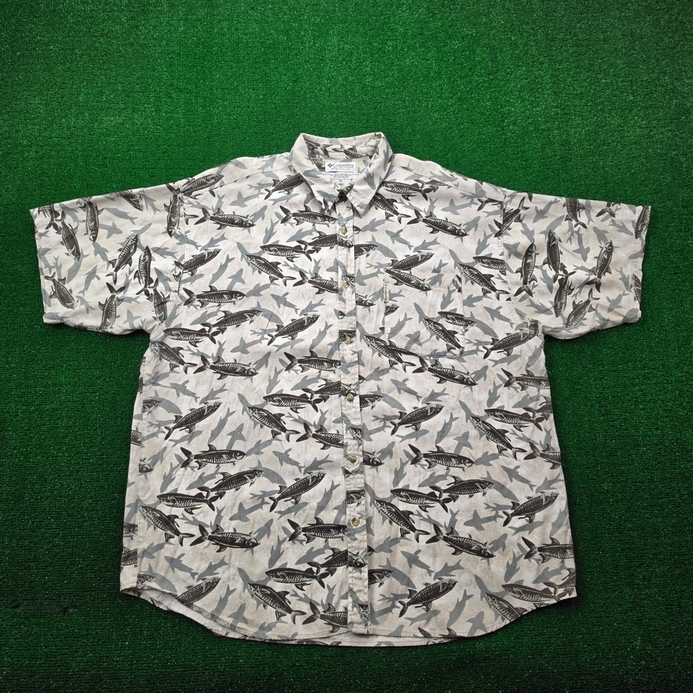 Vintage Columbia Sportswear Tarpon & Shark Fish Print Shirt Mens 2XL Button Up